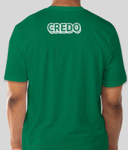 Credo Foods logo on back of Grass-Fed Human green tee