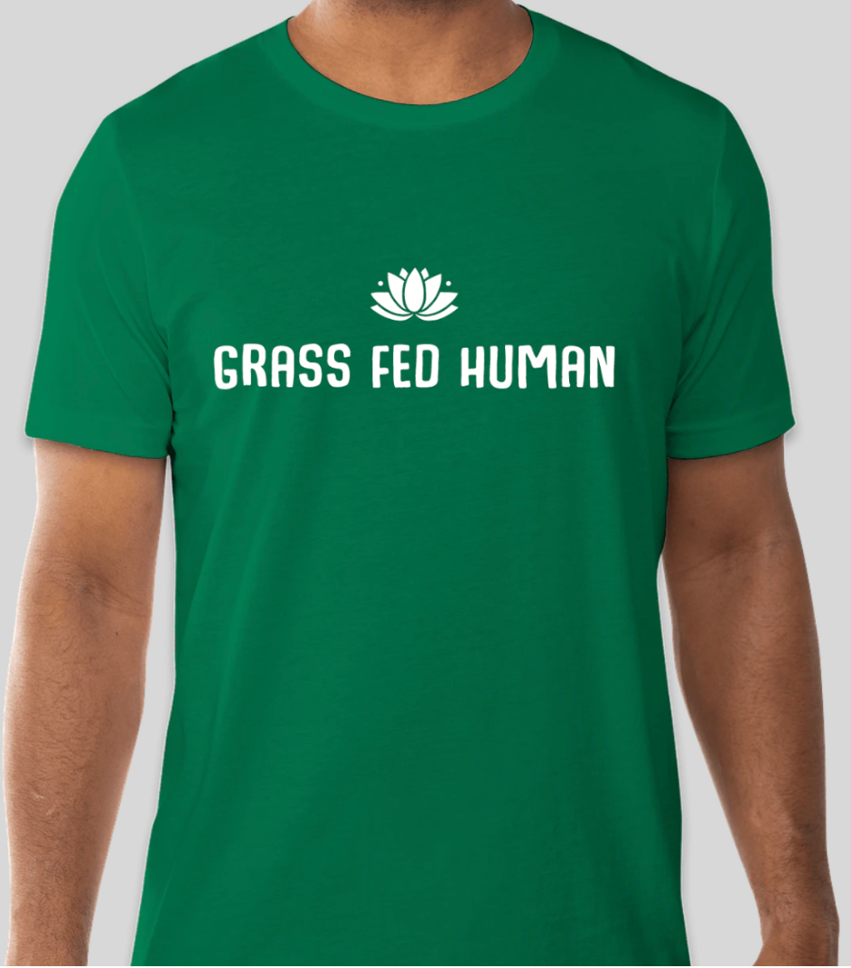 Credo Foods grass-fed human logo on a green tee - front